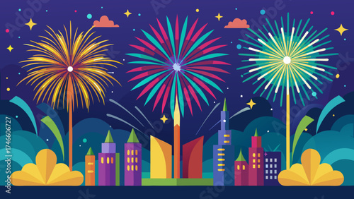 Colorful fireworks explode over a stylized city skyline at night