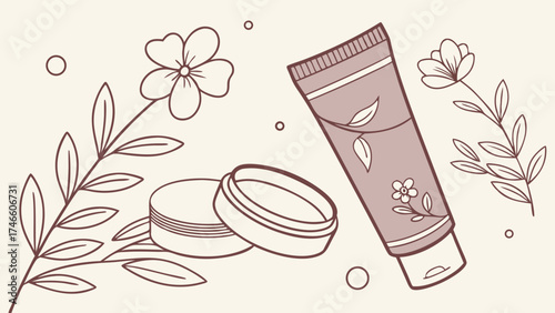 Illustration of skincare products with floral elements cream jar tube botanical design beauty cosmetic organic natural spa wellness packaging product line art minimalist simple ele.