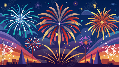 Vibrant fireworks display over a stylized cityscape at night