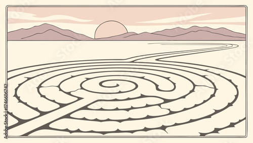 Abstract Illustration of a Maze Leading to Sunrise in a Minimalist Design.