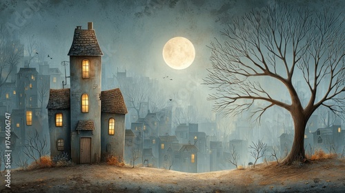 Haunted town on hill with glowing windows under full moon