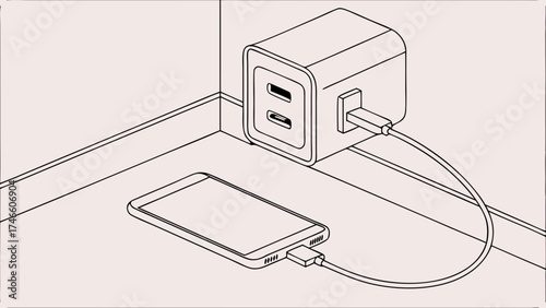 Isometric illustration of a smartphone charging with a wall adapter and USB cable.