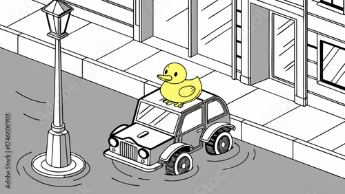 Isometric illustration of a rubber duck on a car stuck in a puddle on a city street.