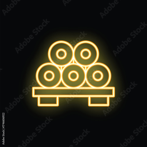 Neon icon of cable rolls or steel wire coils lying on wooden pallet glowing yellow on black background