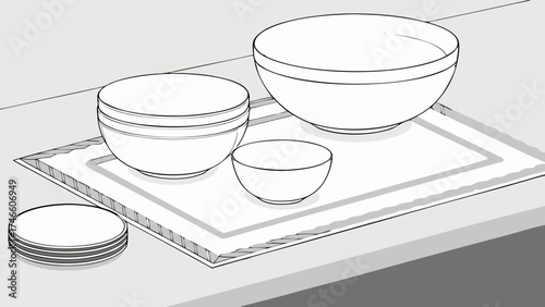 Isometric illustration of bowls and plates on a tray minimalist kitchenware design simple line art tableware illustration ceramic bowls white bowls stacked bowls kitchen design home decor.