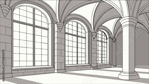 Architectural Interior Stone Building Gothic Style.