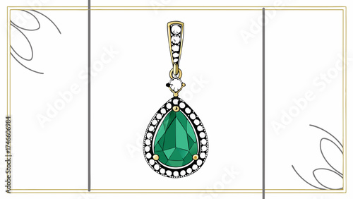 Jeweled Pendant Illustration With Emerald and Diamonds.