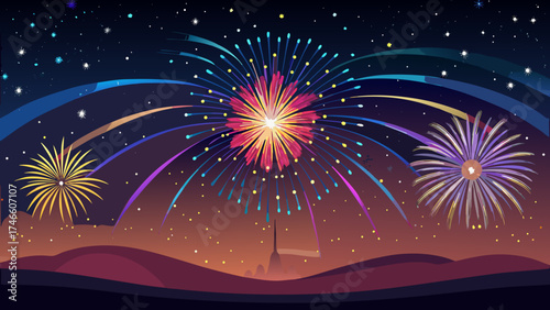 Vibrant fireworks illuminate a starry night sky over a silhouetted city skyline