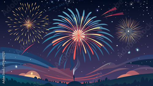 Person watching colorful fireworks display in the night sky over a landscape