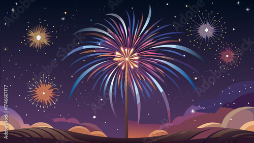 Vibrant fireworks illuminate the night sky over rolling hills