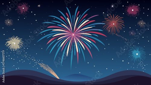 Colorful fireworks display lighting up the night sky over rolling hills