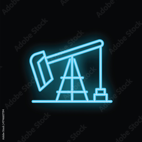 Blue neon icon of a working oil pump jack on a black background