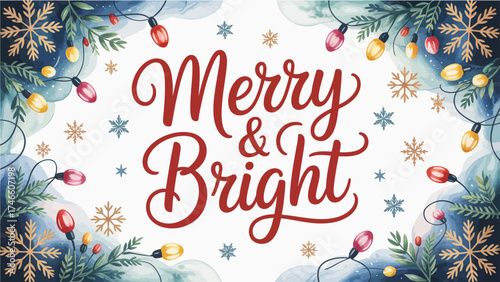 Merry and bright christmas illustration with snowflakes and string lights decoration on white background
