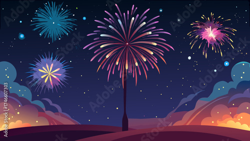 Vibrant fireworks display illuminating the night sky over a landscape