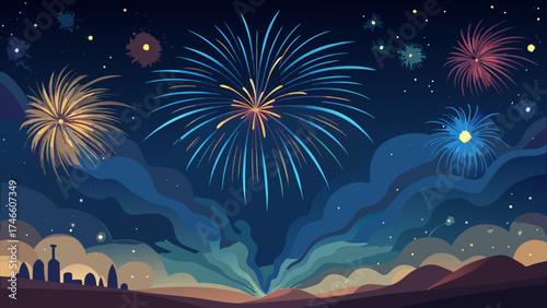 Colorful fireworks illuminate the night sky above a city skyline