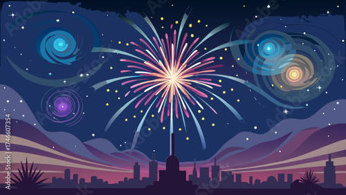 Vibrant fireworks display over a stylized cityscape at night