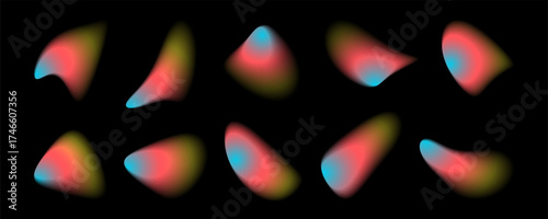 Ten abstract shapes appear to float against a black backdrop. Each liquid shape features a gradient from blue to red to yellow, adding depth and visual interest.