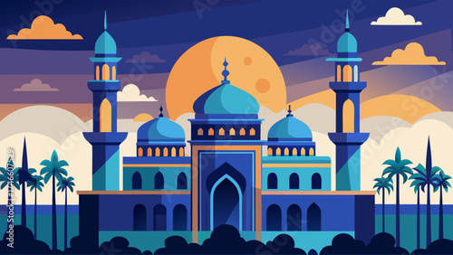 Stylized islamic mosque with minarets against a large moon and clouds