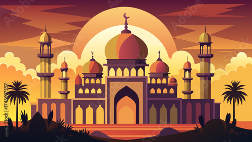 Stylized islamic mosque with minarets and domes at sunset