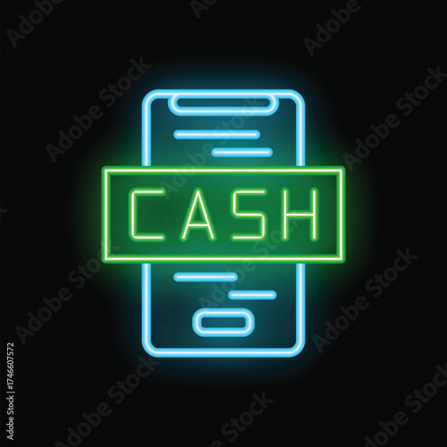 Glowing neon sign of a smartphone displaying a cash banner symbolizing secure and convenient online payment methods