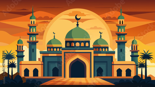 Stylized islamic mosque with minarets and palm trees at sunset