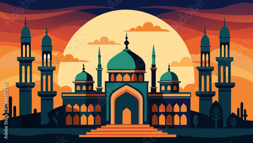 Stylized islamic mosque architecture at sunset with desert landscape