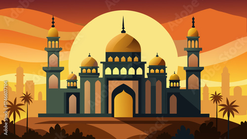 Stylized islamic mosque silhouette at sunset with palm trees