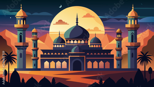 Stylized islamic mosque with desert landscape at sunset