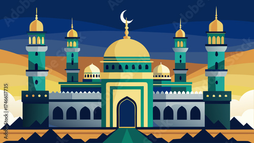 Stylized islamic mosque with crescent moon and minarets at dusk