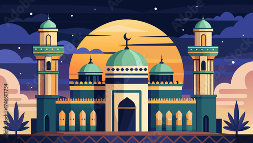 Stylized islamic mosque with minarets against a large moon and night sky