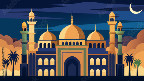 Stylized islamic mosque with minarets and domes at dusk