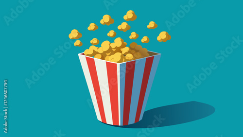 Popcorn overflowing from a classic red and white striped bucket against a teal background