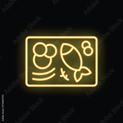Neon sign showing lunchbox with fish, lemon, and vegetables