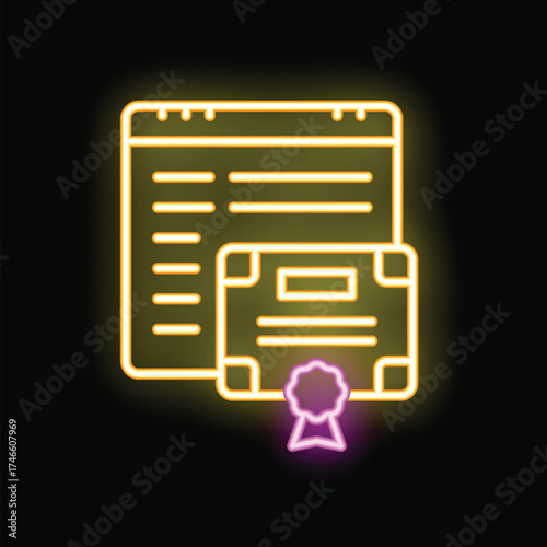Neon sign representing the concept of online education with a diploma and a ribbon