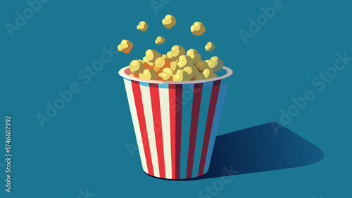 Popcorn overflowing from a classic red and white striped bucket against a blue background