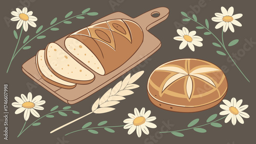 Bakery Scene with Bread and Flowers.