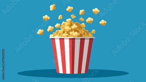 Classic red and white striped popcorn bucket overflowing with popcorn