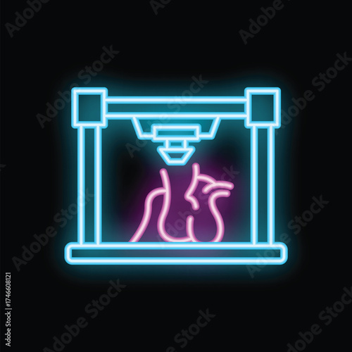 Glowing neon icon of a 3d printer creating an anatomical heart model, representing medical innovation and technology