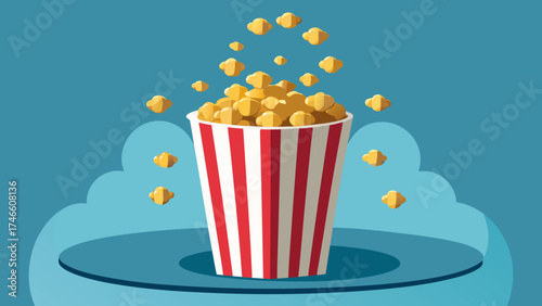 Popcorn bucket overflowing with kernels and flying away