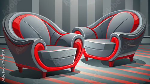Very beautiful close-up of modern gray and red armchairs with elegant curves, smooth textures, and soft lighting, creating a stylish 3D render ideal for contemporary interior vector illustration 