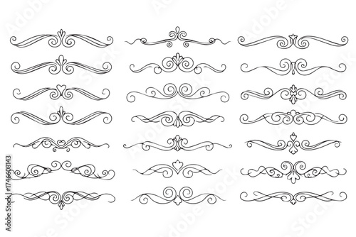 Collection of vintage ornamental dividers and borders in a black and white sketchy style, isolated on transparent background