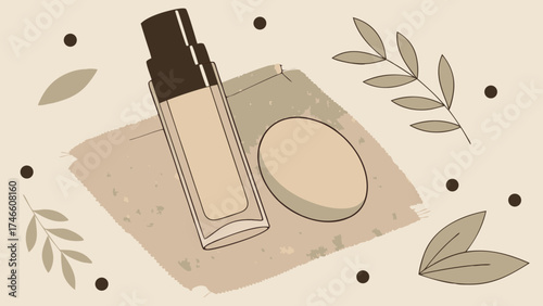 Beauty product illustration cosmetic bottle makeup sponge minimalist design beige aesthetic skincare natural cosmetics organic beauty elegant style simple graphic flat lay beauty blogg.