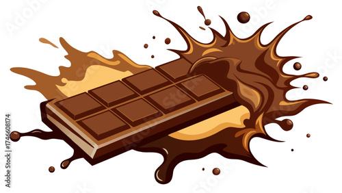 Delicious chocolate bar splashing in melted chocolate sauce