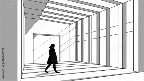 Modern minimalist architecture silhouette of a woman walking in a contemporary hallway black and white interior design illustration geometric lines architectural drawing building concept in.