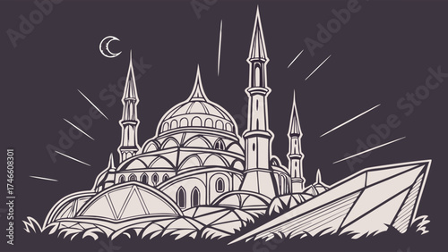 Mosque illustration night scene crescent moon architectural drawing religious building islamic design vector art minarets dome intricate details elegant style faith spirituality grap.