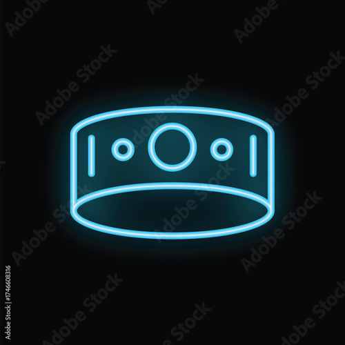Neon blue headdress glowing on black background representing power and authority