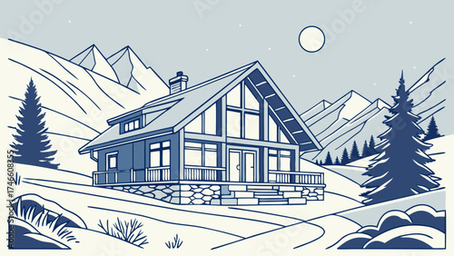 Mountain Cabin Winter Landscape Illustration Snowy A-Frame House in Mountains Night Scene Minimalist Design.