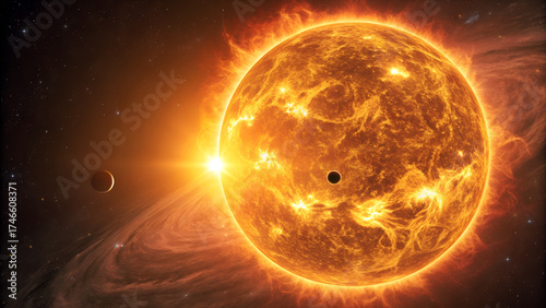 Solar Planet Transit: Black Silhouette Against Fiery Sun in Deep Space
