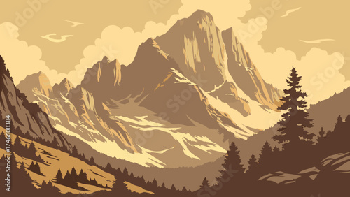 Mountain Landscape Majestic Peaks Coniferous Forest Sunrise Nature Illustration Vintage Style Graphic Art Brown and Beige Tones Scenic View Wilderness Travel Poster Design Adventure Ba.