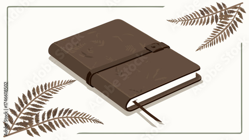 Brown Leather Journal with Fern Illustration Notebook Mockup Nature Theme Rustic Design.